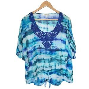 CHAUS New York lightweight sheer shell blouse blue tie-dye crochet neckline XL